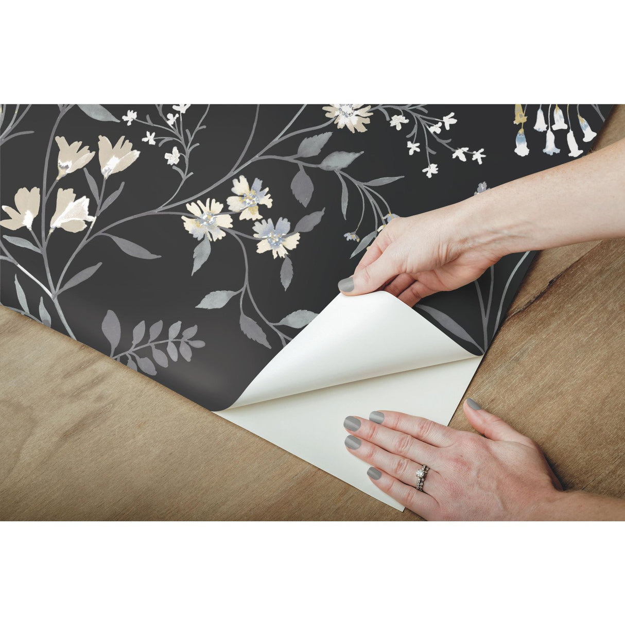 Meadow Mix Black Peel & Stick Wallpaper with Whimsical Botanical Flowers Pattern - York RMK12179PLW