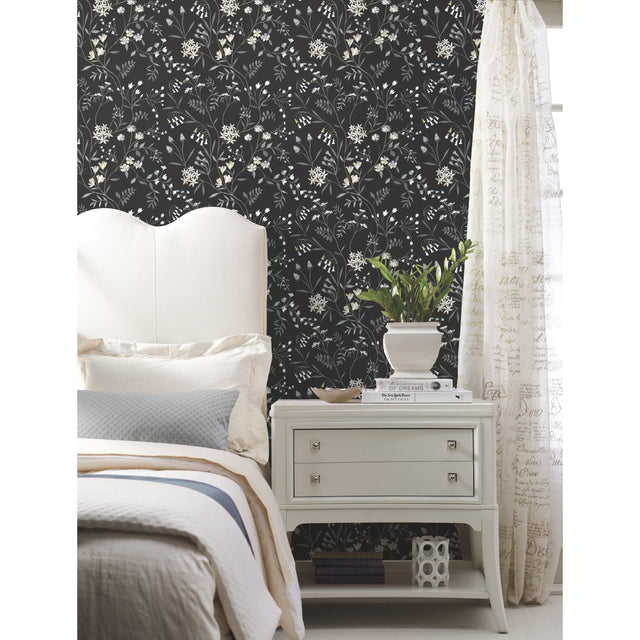Meadow Mix Black Peel & Stick Wallpaper with Whimsical Botanical Flowers Pattern - York RMK12179PLW