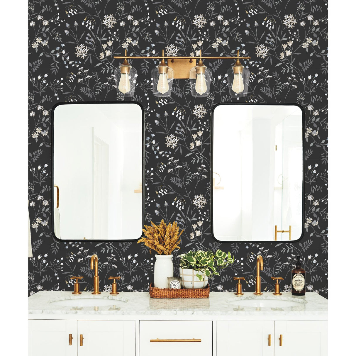 Meadow Mix Black Peel & Stick Wallpaper with Whimsical Botanical Flowers Pattern - York RMK12179PLW