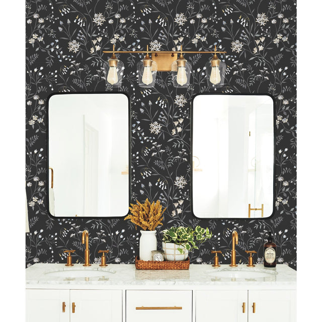 Meadow Mix Black Peel & Stick Wallpaper with Whimsical Botanical Flowers Pattern - York RMK12179PLW