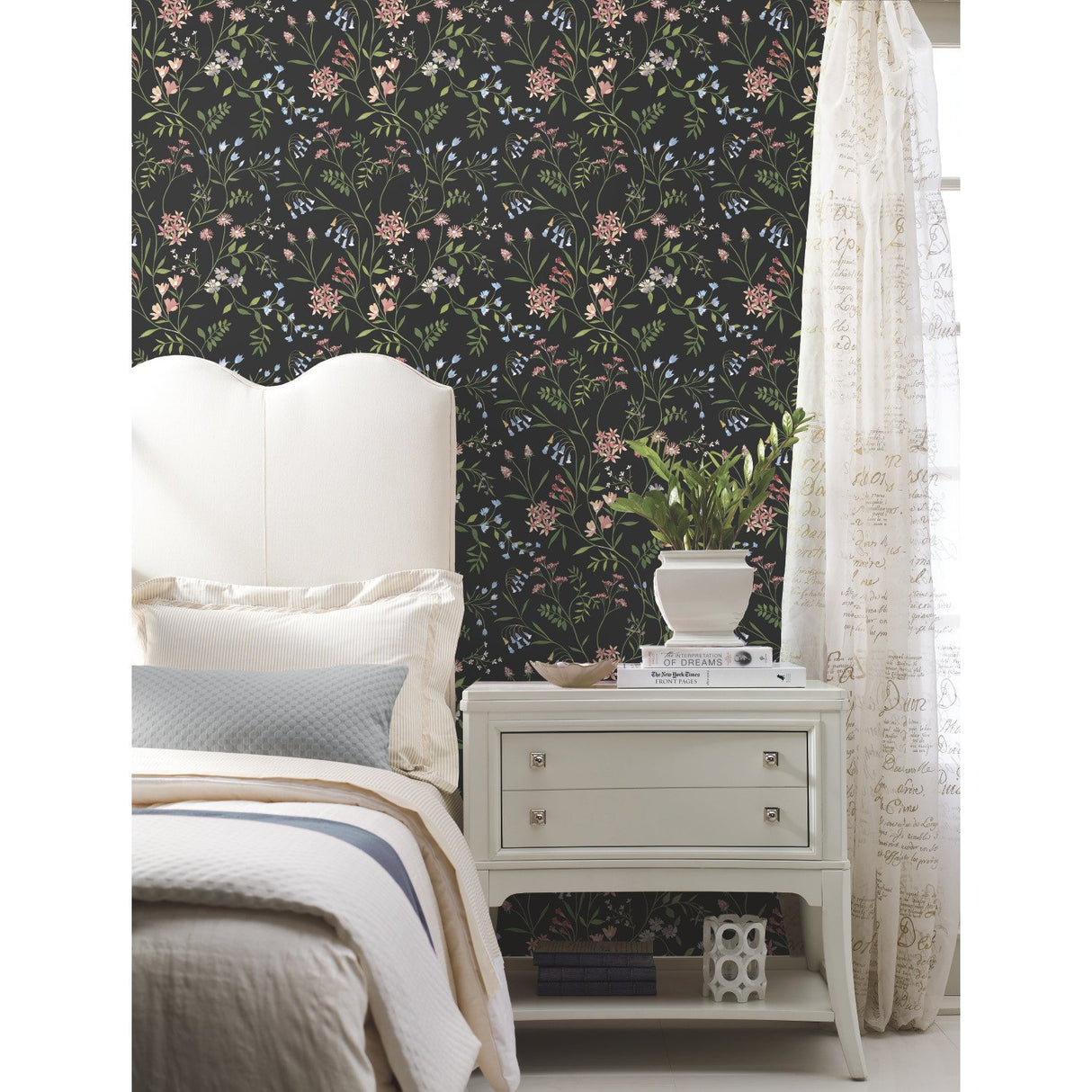 Meadow Mix Pink Peel & Stick Wallpaper with Whimsical Botanical Floral Pattern - York RMK12180PLW
