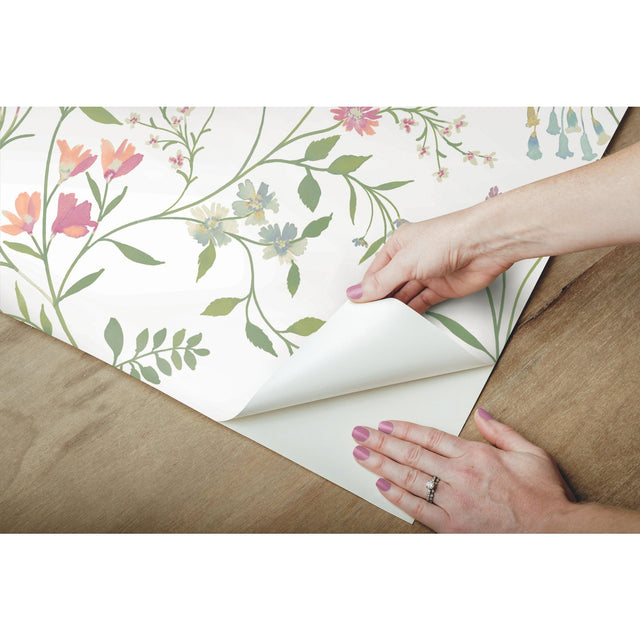 Meadow Mix Pink Peel & Stick Wallpaper with Whimsical Botanical Floral Pattern - York RMK12181PLW