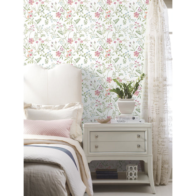 Meadow Mix Pink Peel & Stick Wallpaper with Whimsical Botanical Floral Pattern - York RMK12181PLW