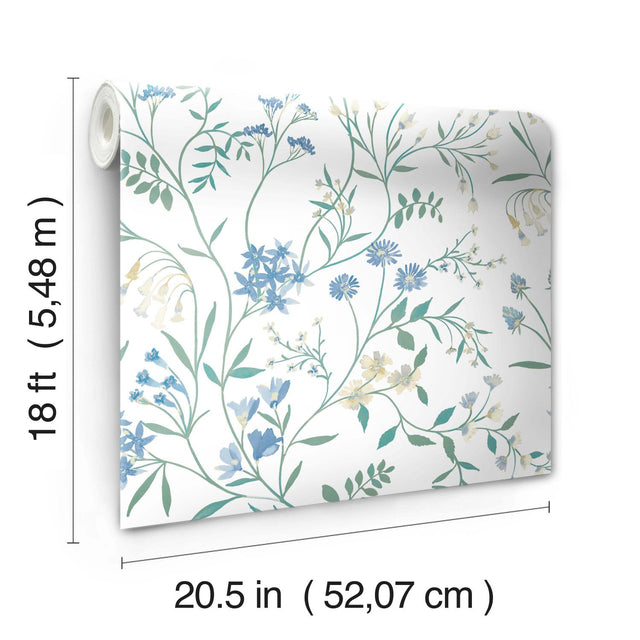 Meadow Mix Blue Peel & Stick Wallpaper with Botanical Floral Pattern, Whimsical Style - York RMK12182PLW