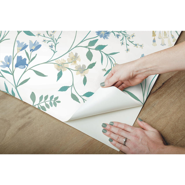 Meadow Mix Blue Peel & Stick Wallpaper with Botanical Floral Pattern, Whimsical Style - York RMK12182PLW