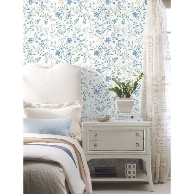 Meadow Mix Blue Peel & Stick Wallpaper with Botanical Floral Pattern, Whimsical Style - York RMK12182PLW
