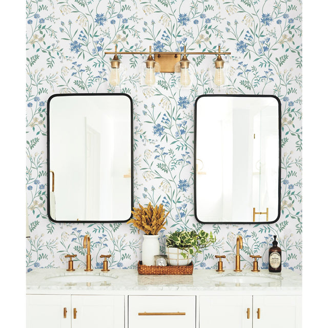 Meadow Mix Blue Peel & Stick Wallpaper with Botanical Floral Pattern, Whimsical Style - York RMK12182PLW