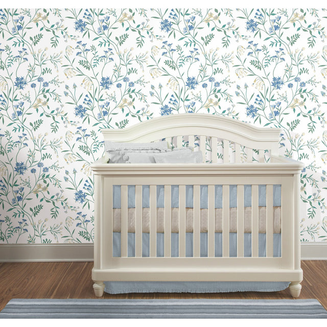 Meadow Mix Blue Peel & Stick Wallpaper with Botanical Floral Pattern, Whimsical Style - York RMK12182PLW