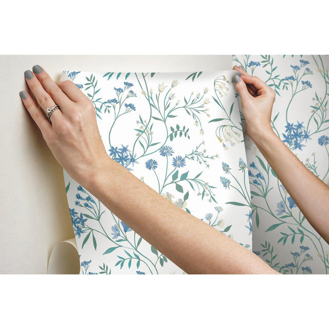 Meadow Mix Blue Peel & Stick Wallpaper with Botanical Floral Pattern, Whimsical Style - York RMK12182PLW