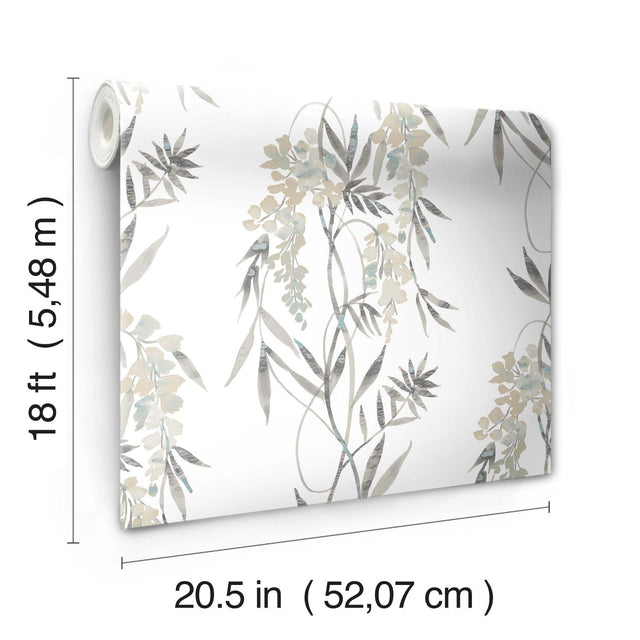 Nouveaux Wisteria Taupe Peel & Stick Wallpaper with Botanical Floral Pattern, Whimsical Style - York RMK12183PLW
