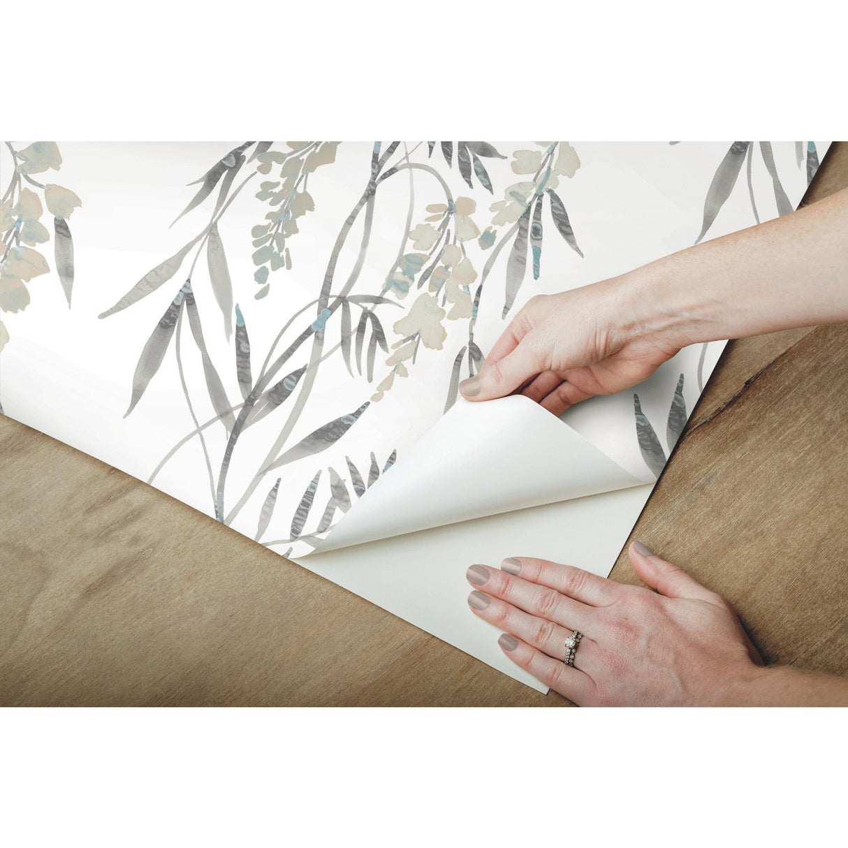 Nouveaux Wisteria Taupe Peel & Stick Wallpaper with Botanical Floral Pattern, Whimsical Style - York RMK12183PLW