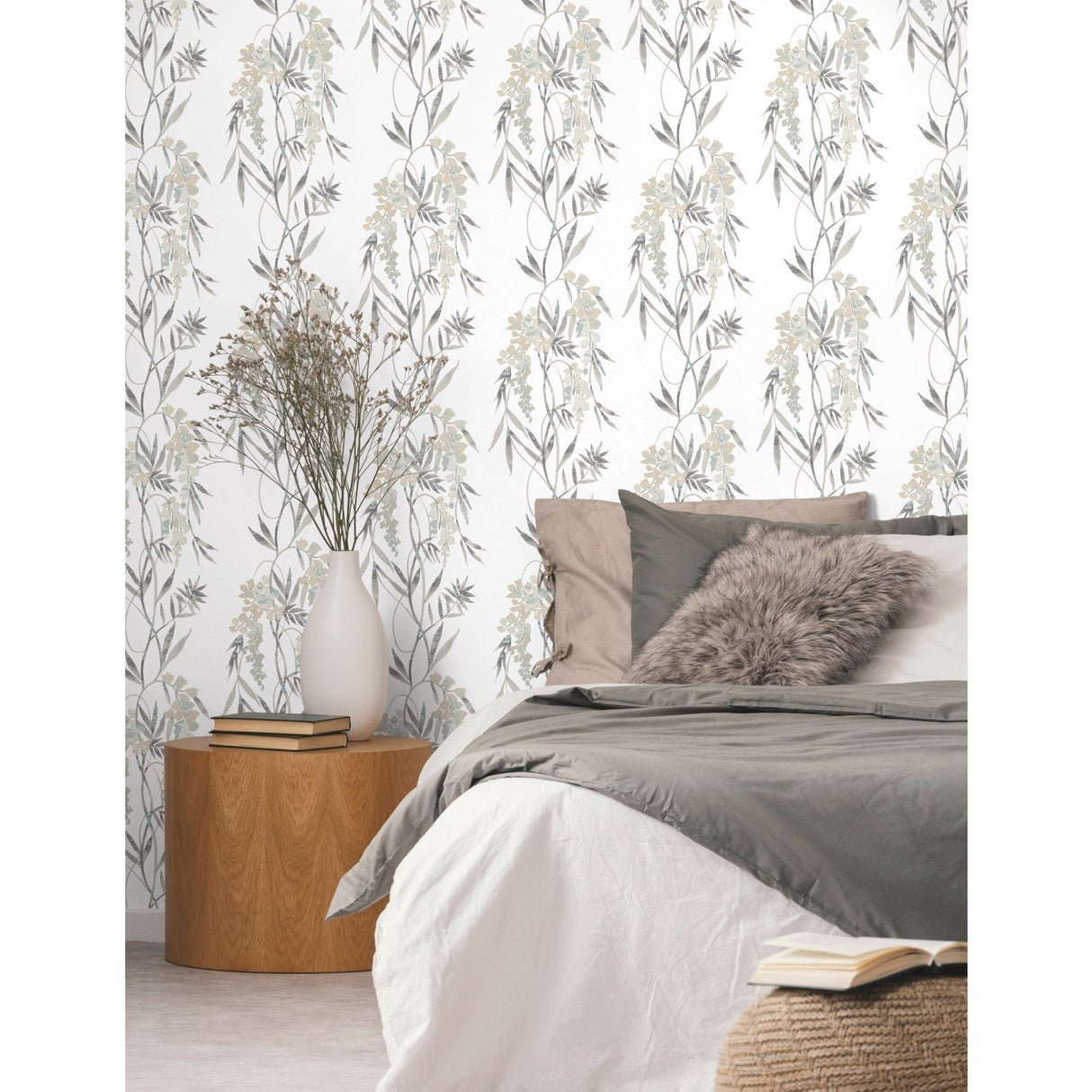 Nouveaux Wisteria Taupe Peel & Stick Wallpaper with Botanical Floral Pattern, Whimsical Style - York RMK12183PLW