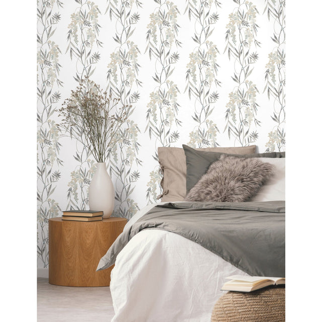 Nouveaux Wisteria Taupe Peel & Stick Wallpaper with Botanical Floral Pattern, Whimsical Style - York RMK12183PLW