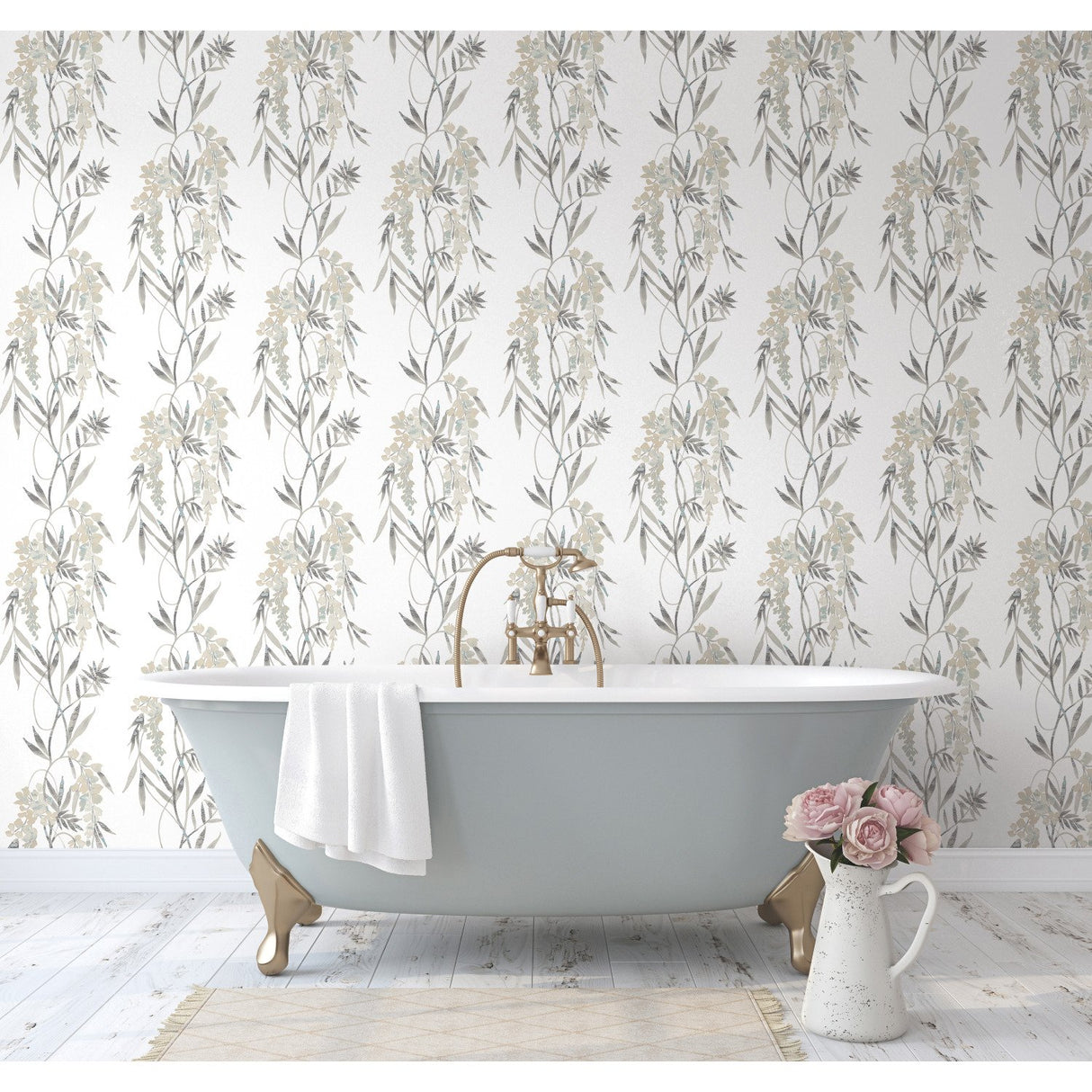 Nouveaux Wisteria Taupe Peel & Stick Wallpaper with Botanical Floral Pattern, Whimsical Style - York RMK12183PLW