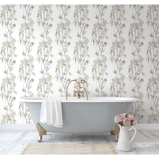 Nouveaux Wisteria Taupe Peel & Stick Wallpaper with Botanical Floral Pattern, Whimsical Style - York RMK12183PLW