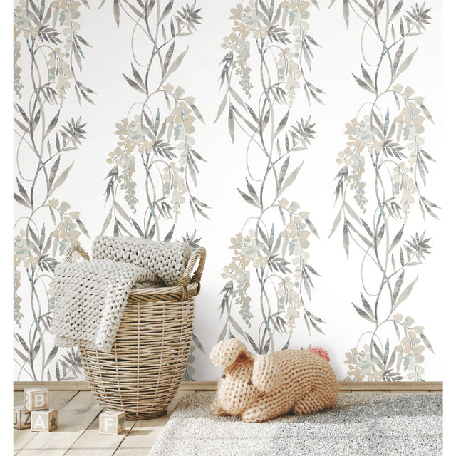 Nouveaux Wisteria Taupe Peel & Stick Wallpaper with Botanical Floral Pattern, Whimsical Style - York RMK12183PLW
