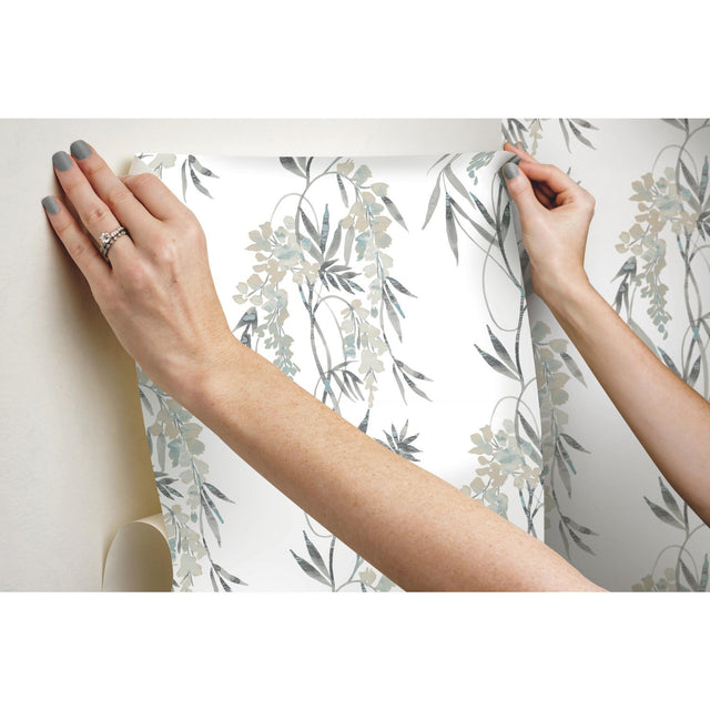 Nouveaux Wisteria Taupe Peel & Stick Wallpaper with Botanical Floral Pattern, Whimsical Style - York RMK12183PLW