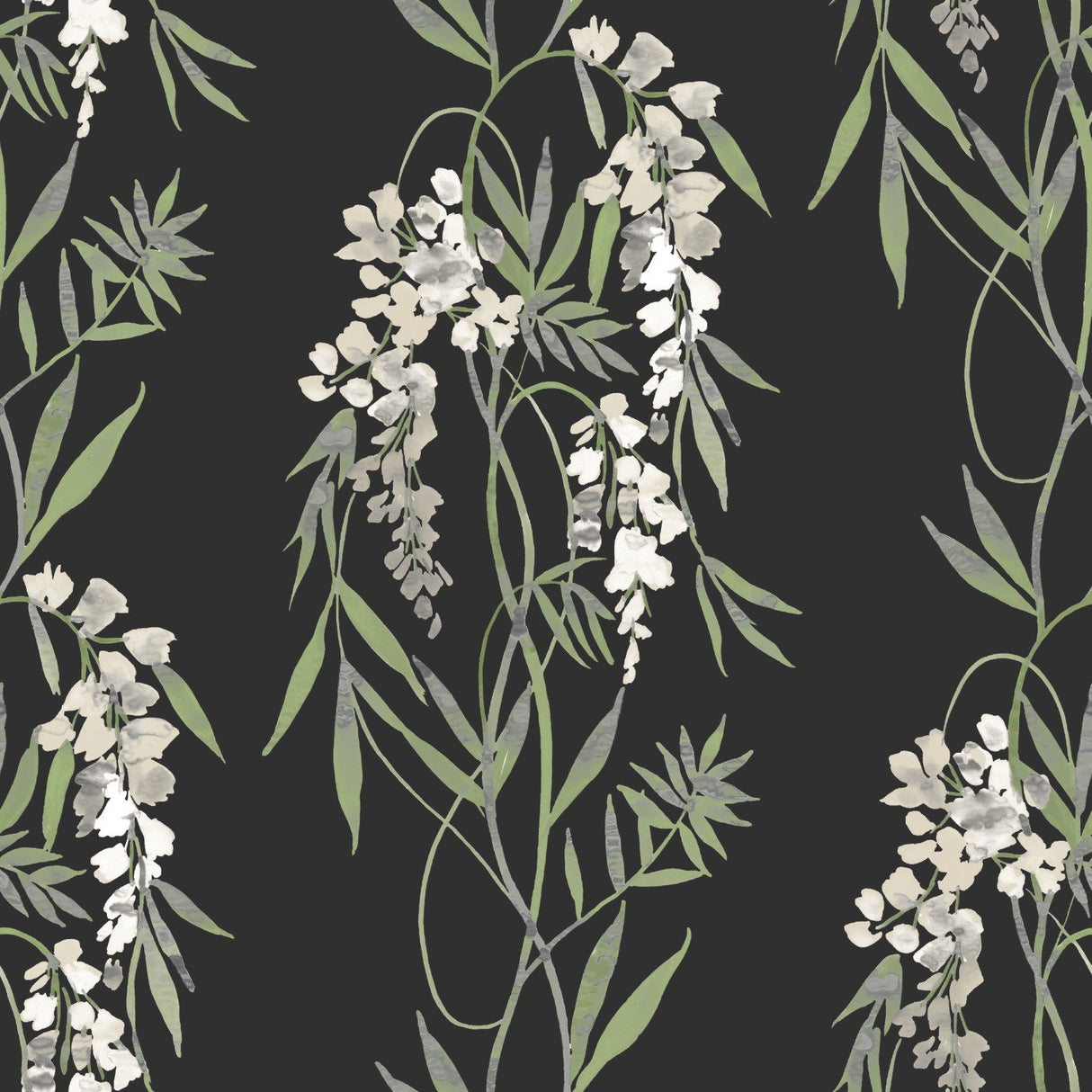 Nouveaux Wisteria Green Peel & Stick Wallpaper with Botanical Floral Pattern, Whimsical Style - York RMK12184PLW