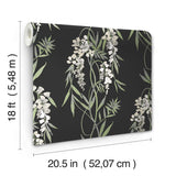 Nouveaux Wisteria Green Peel & Stick Wallpaper with Botanical Floral Pattern, Whimsical Style - York RMK12184PLW