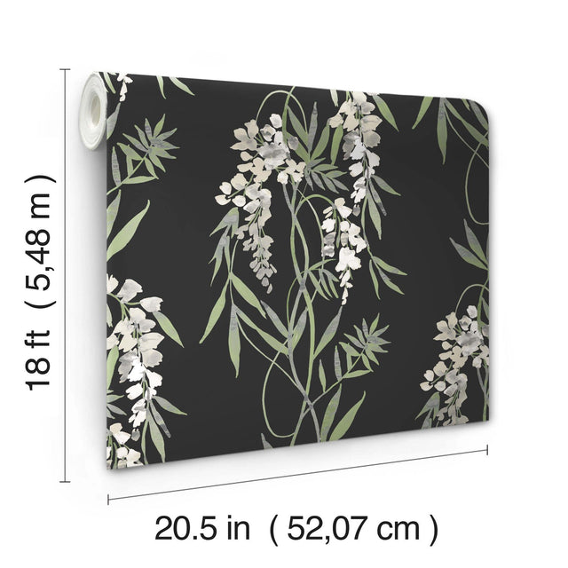 Nouveaux Wisteria Green Peel & Stick Wallpaper with Botanical Floral Pattern, Whimsical Style - York RMK12184PLW