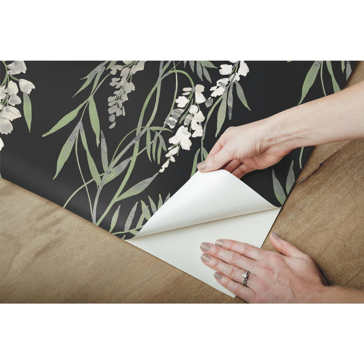 Nouveaux Wisteria Green Peel & Stick Wallpaper with Botanical Floral Pattern, Whimsical Style - York RMK12184PLW