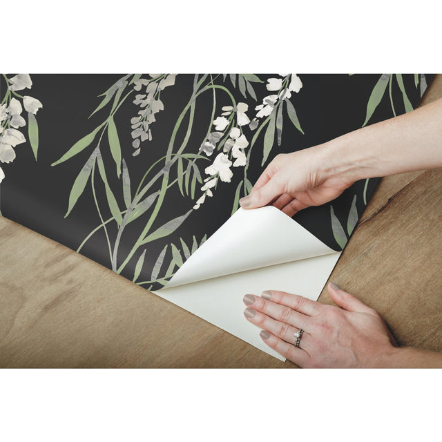 Nouveaux Wisteria Green Peel & Stick Wallpaper with Botanical Floral Pattern, Whimsical Style - York RMK12184PLW