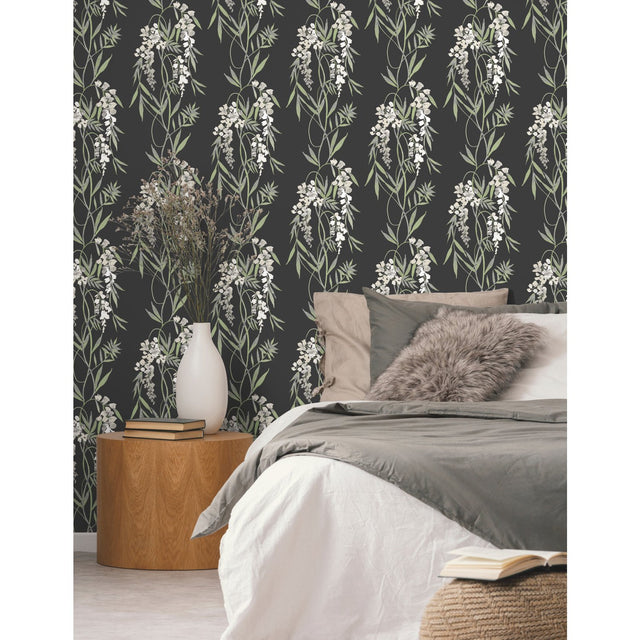 Nouveaux Wisteria Green Peel & Stick Wallpaper with Botanical Floral Pattern, Whimsical Style - York RMK12184PLW