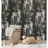Nouveaux Wisteria Green Peel & Stick Wallpaper with Botanical Floral Pattern, Whimsical Style - York RMK12184PLW