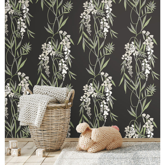 Nouveaux Wisteria Green Peel & Stick Wallpaper with Botanical Floral Pattern, Whimsical Style - York RMK12184PLW
