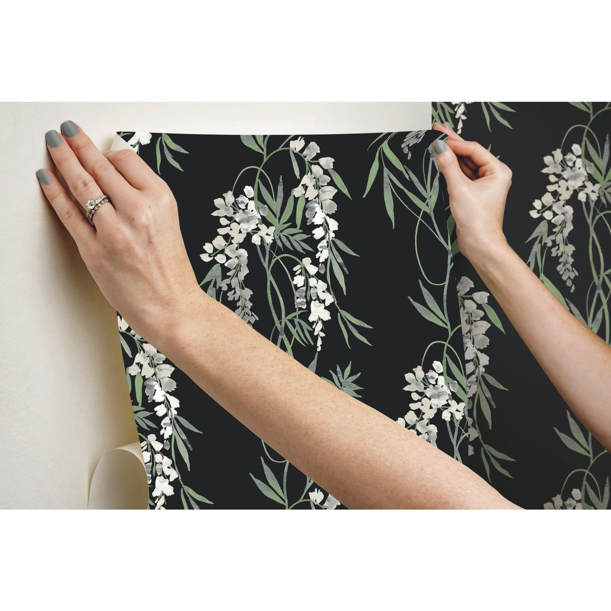 Nouveaux Wisteria Green Peel & Stick Wallpaper with Botanical Floral Pattern, Whimsical Style - York RMK12184PLW