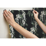 Nouveaux Wisteria Green Peel & Stick Wallpaper with Botanical Floral Pattern, Whimsical Style - York RMK12184PLW