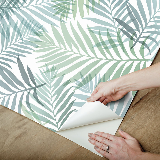 Tropical Vibe Blue Peel & Stick Wallpaper with Botanical Leaf Motif - York RMK12186PLW