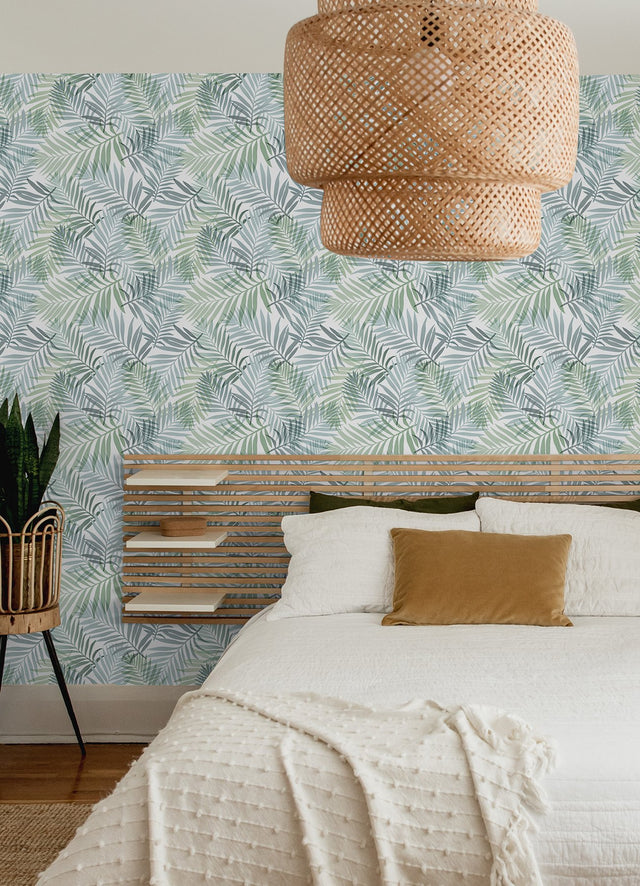 Tropical Vibe Blue Peel & Stick Wallpaper with Botanical Leaf Motif - York RMK12186PLW