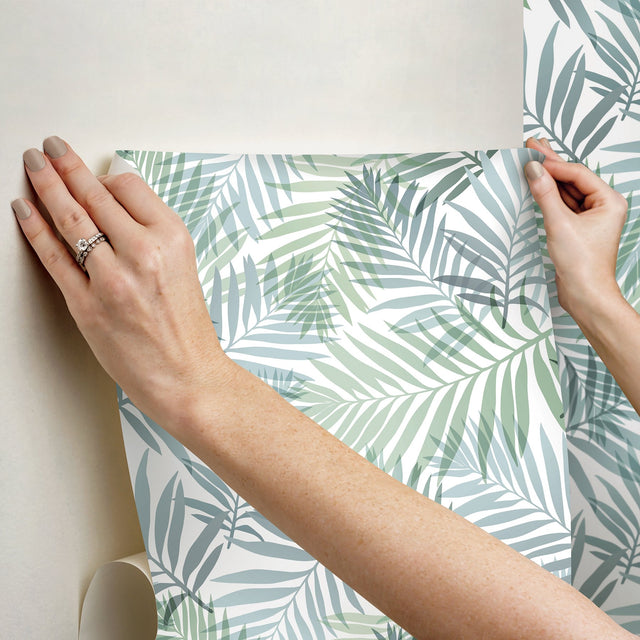 Tropical Vibe Blue Peel & Stick Wallpaper with Botanical Leaf Motif - York RMK12186PLW