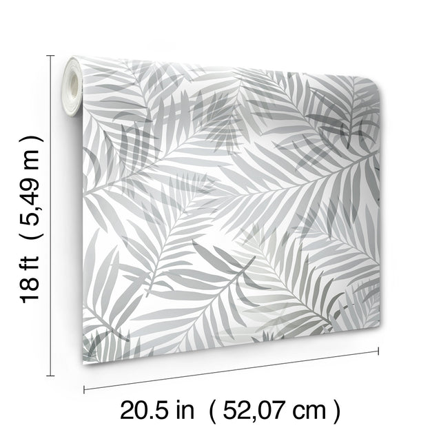 Tropical Vibe Grey Peel & Stick Wallpaper with Botanical Leaves Pattern, Tropical Style - York RMK12187PLW