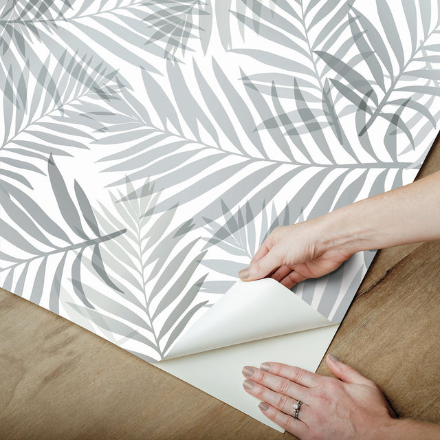 Tropical Vibe Grey Peel & Stick Wallpaper with Botanical Leaves Pattern, Tropical Style - York RMK12187PLW