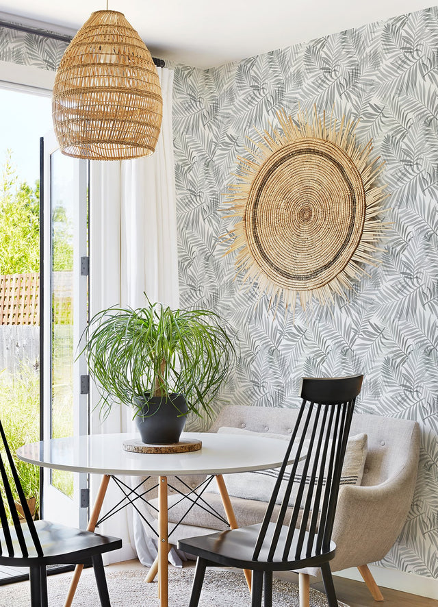 Tropical Vibe Grey Peel & Stick Wallpaper with Botanical Leaves Pattern, Tropical Style - York RMK12187PLW