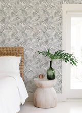 Tropical Vibe Grey Peel & Stick Wallpaper with Botanical Leaves Pattern, Tropical Style - York RMK12187PLW