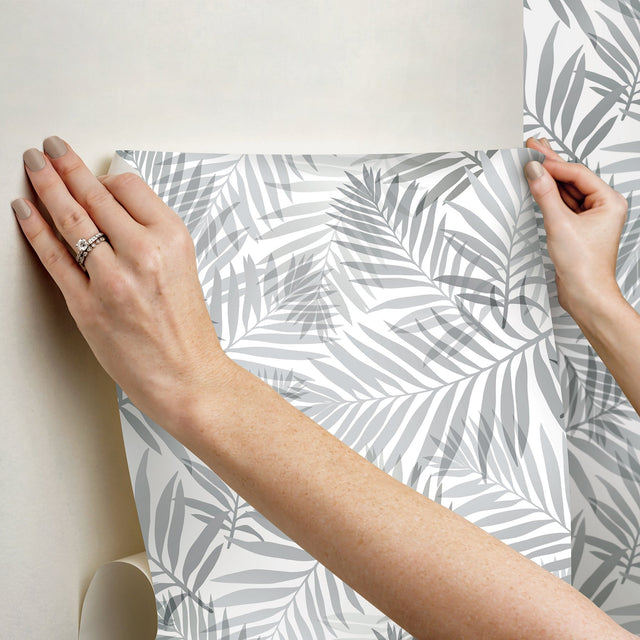 Tropical Vibe Grey Peel & Stick Wallpaper with Botanical Leaves Pattern, Tropical Style - York RMK12187PLW