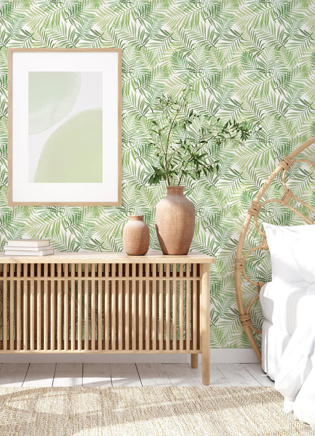 Tropical Vibe Green Peel & Stick Wallpaper with Botanical Leaves Motif - York RMK12188PLW