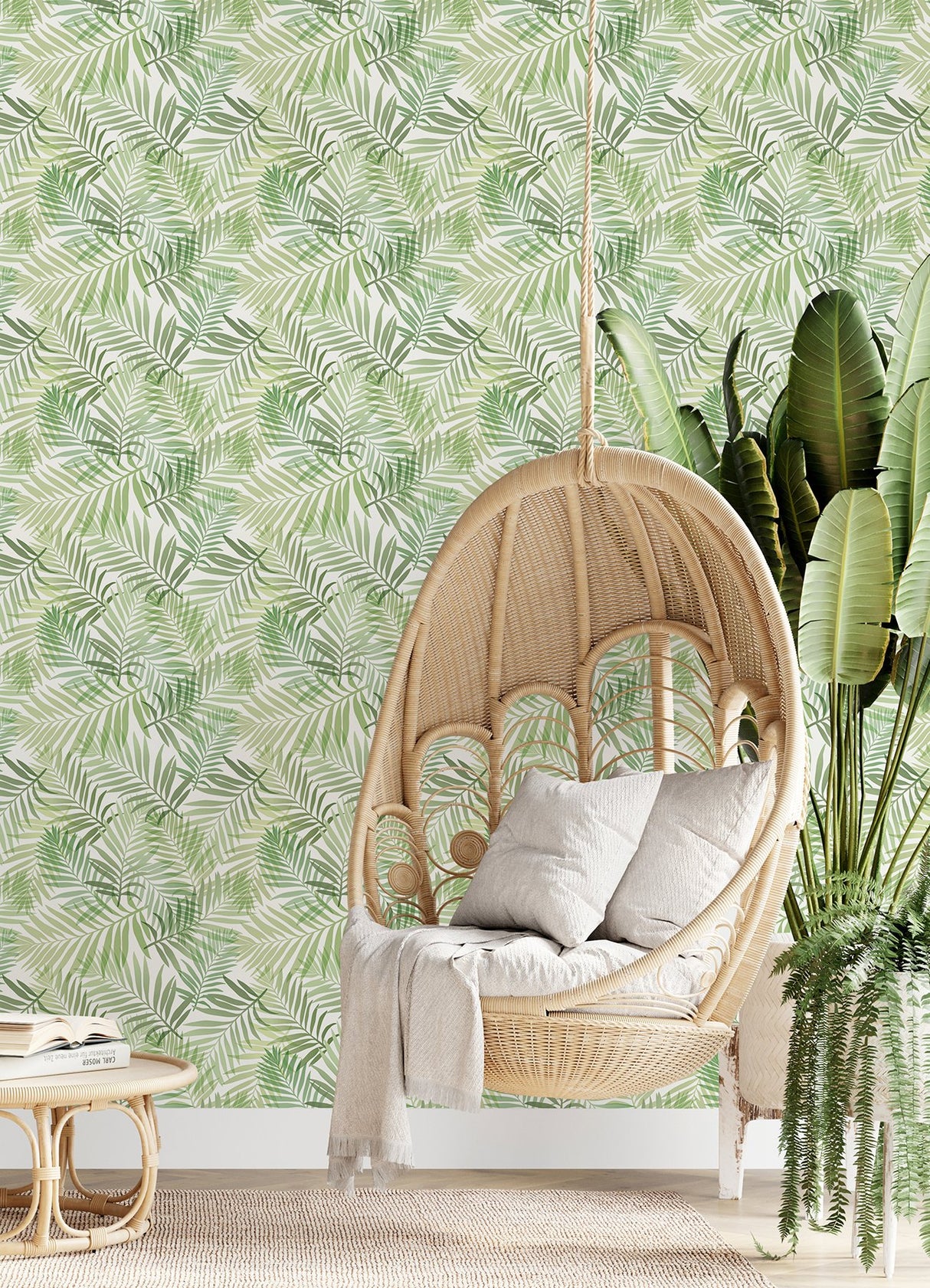 Tropical Vibe Green Peel & Stick Wallpaper with Botanical Leaves Motif - York RMK12188PLW