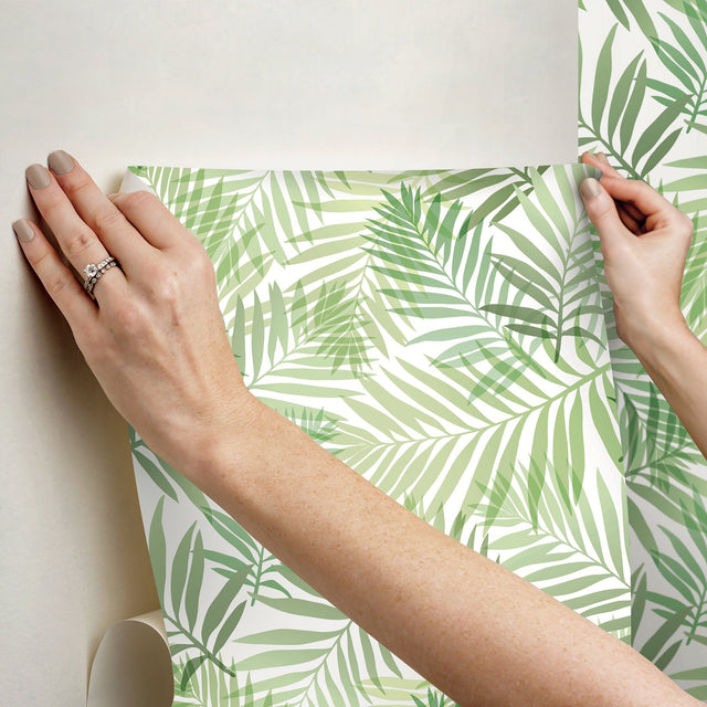 Tropical Vibe Green Peel & Stick Wallpaper with Botanical Leaves Motif - York RMK12188PLW