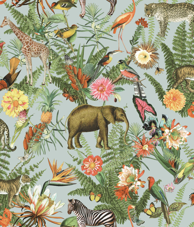 Tropical Zoo Green Peel & Stick Vinyl Wallpaper with Botanical Animal Motif - York RMK12202WP