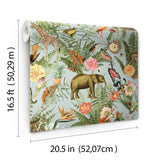 Tropical Zoo Green Peel & Stick Vinyl Wallpaper with Botanical Animal Motif - York RMK12202WP