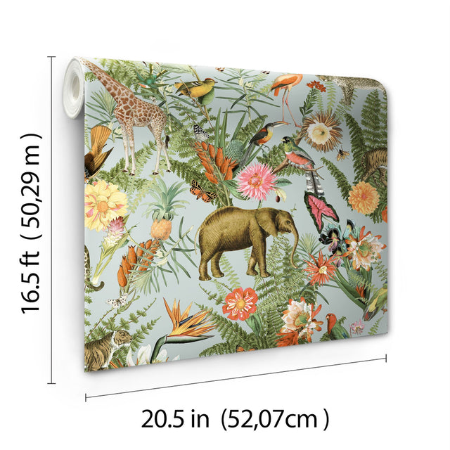Tropical Zoo Green Peel & Stick Vinyl Wallpaper with Botanical Animal Motif - York RMK12202WP
