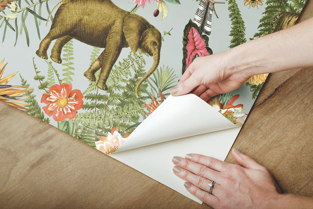 Tropical Zoo Green Peel & Stick Vinyl Wallpaper with Botanical Animal Motif - York RMK12202WP
