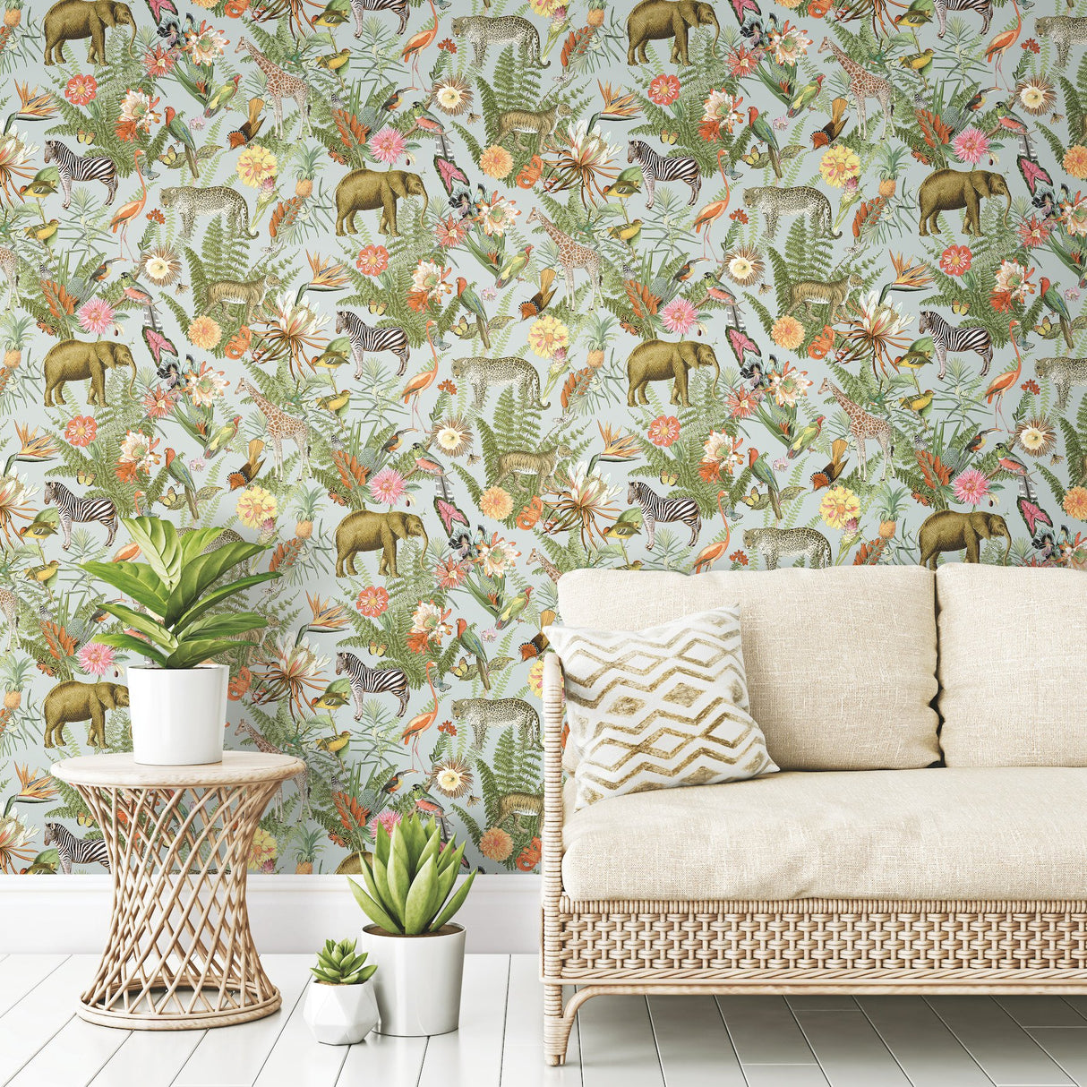 Tropical Zoo Green Peel & Stick Vinyl Wallpaper with Botanical Animal Motif - York RMK12202WP