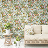 Tropical Zoo Green Peel & Stick Vinyl Wallpaper with Botanical Animal Motif - York RMK12202WP