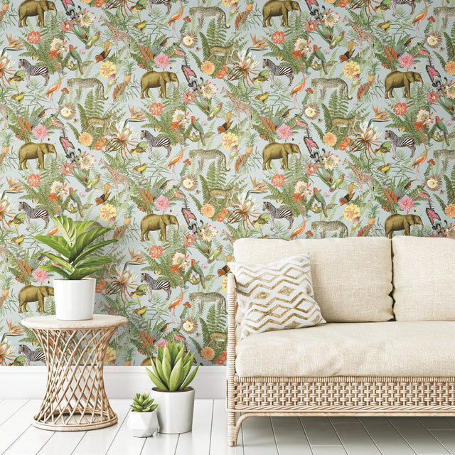 Tropical Zoo Green Peel & Stick Vinyl Wallpaper with Botanical Animal Motif - York RMK12202WP
