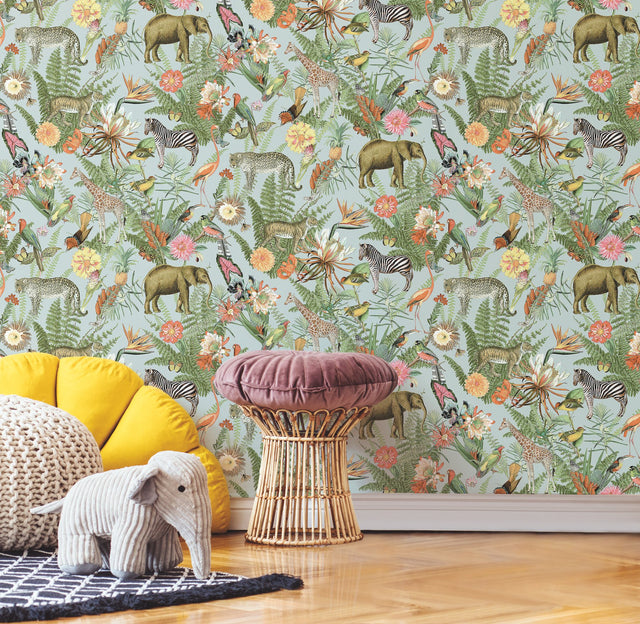 Tropical Zoo Green Peel & Stick Vinyl Wallpaper with Botanical Animal Motif - York RMK12202WP